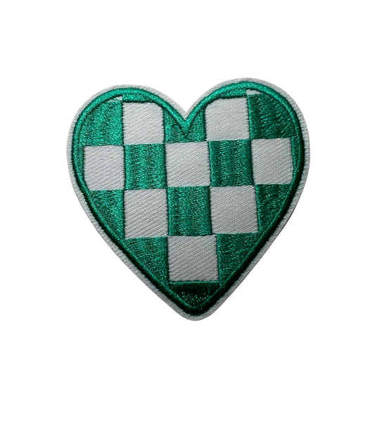 Teal & White Checkered Heart - Embroidered Patch
