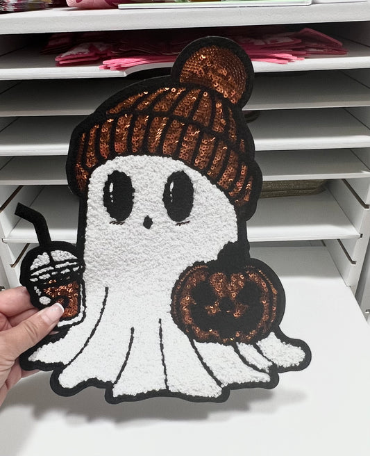 Cozy Ghostie - Chenille/Sequin Patch - Ready to Press