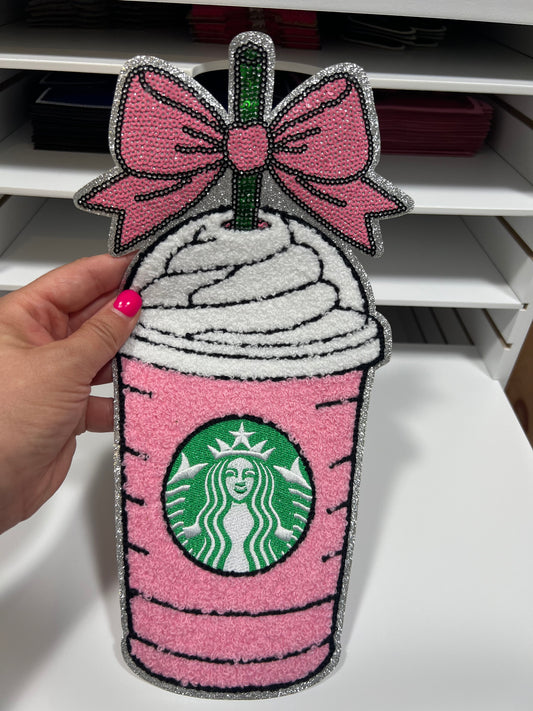 Coquette Pink Starbucks Cup- Chenille Patch - Ready to Press