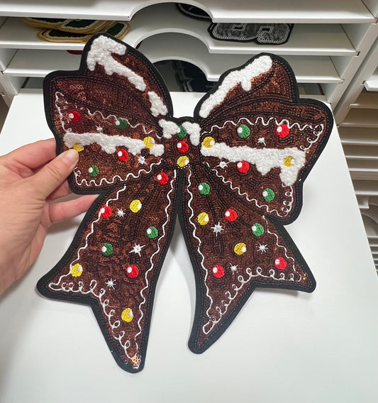 Gingerbread Christmas Bow- Ready to Press Sequin Patch