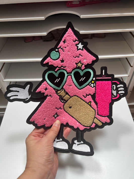 Pink Christmas Tree- Chenille Patch - Ready to Press