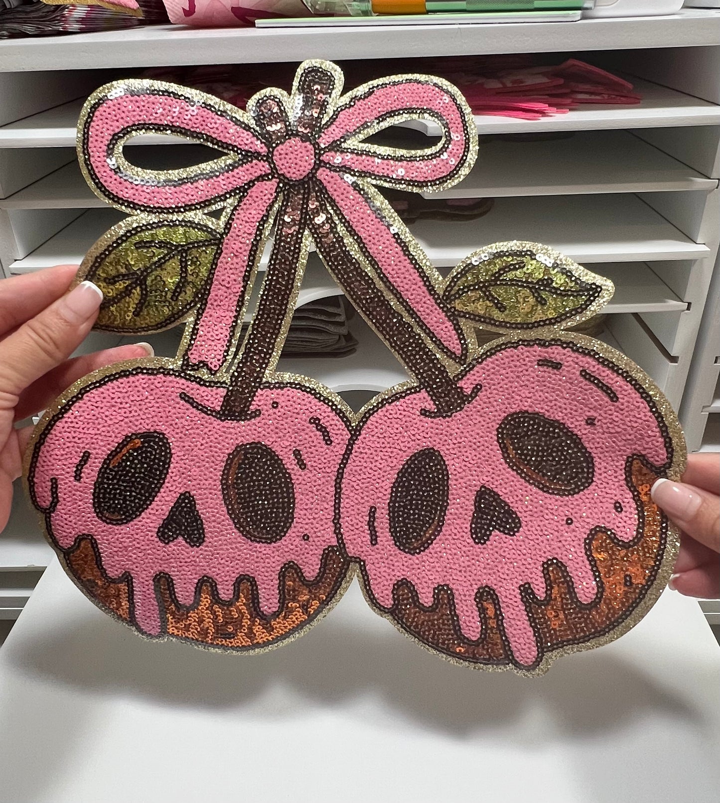 Pink Drippy Skull Apples - Sequin Patch - Ready to Press