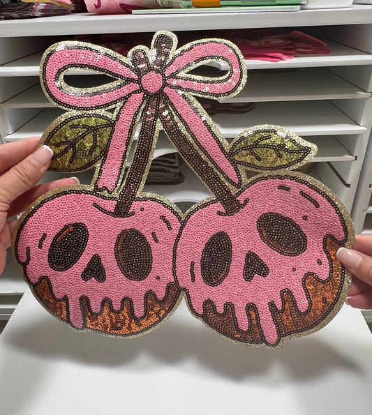 Pink Drippy Skull Apples - Sequin Patch - Ready to Press