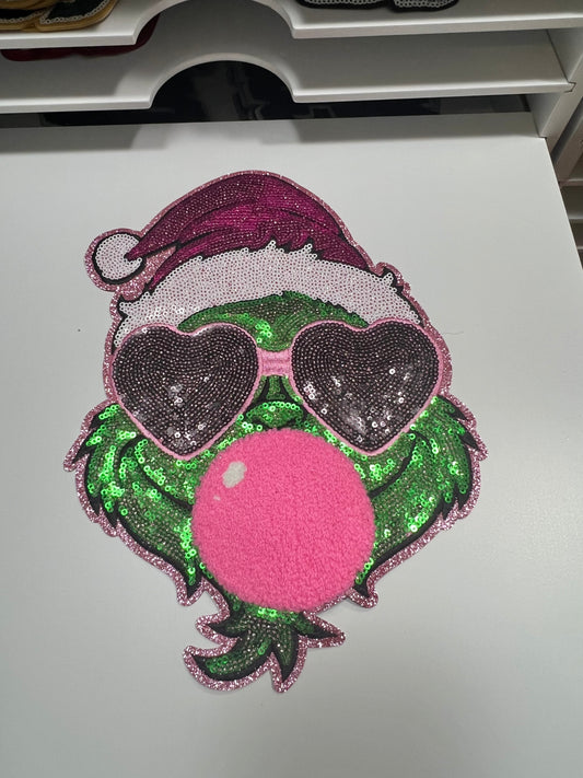 Bubblegum Grinch- Ready to Press Sequin Patch
