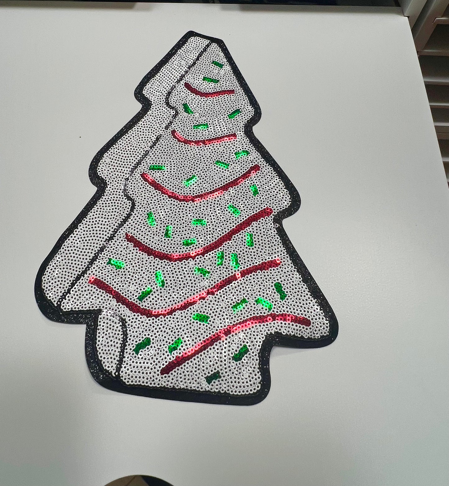 White Christmas Tree Cake- Ready to Press Sequin Patch