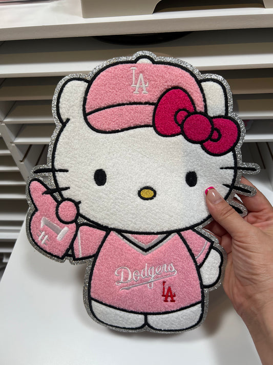 Pink Baseball Kitty- Chenille Patch - Ready to Press